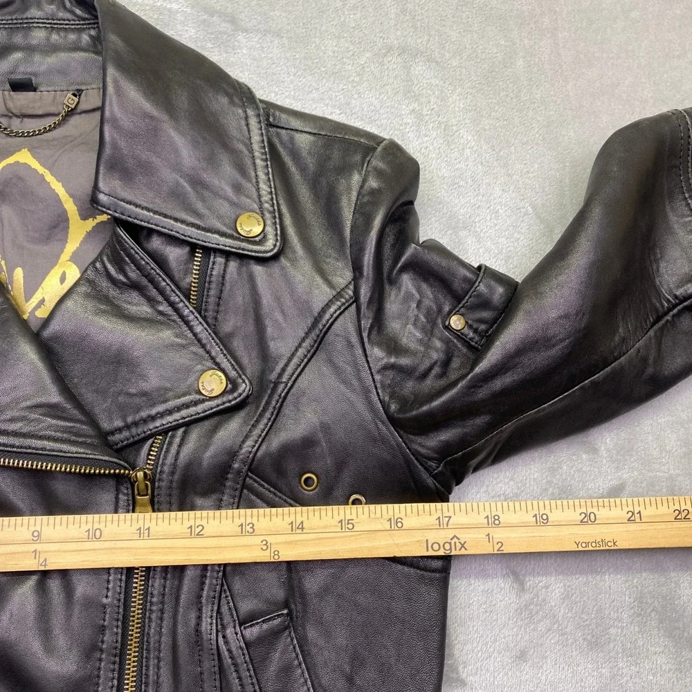 VTG Guess Womens Black Leather Moto Biker Jacket Asymmetrical Zip Brass Sz S/P - Picture 4 of 12
